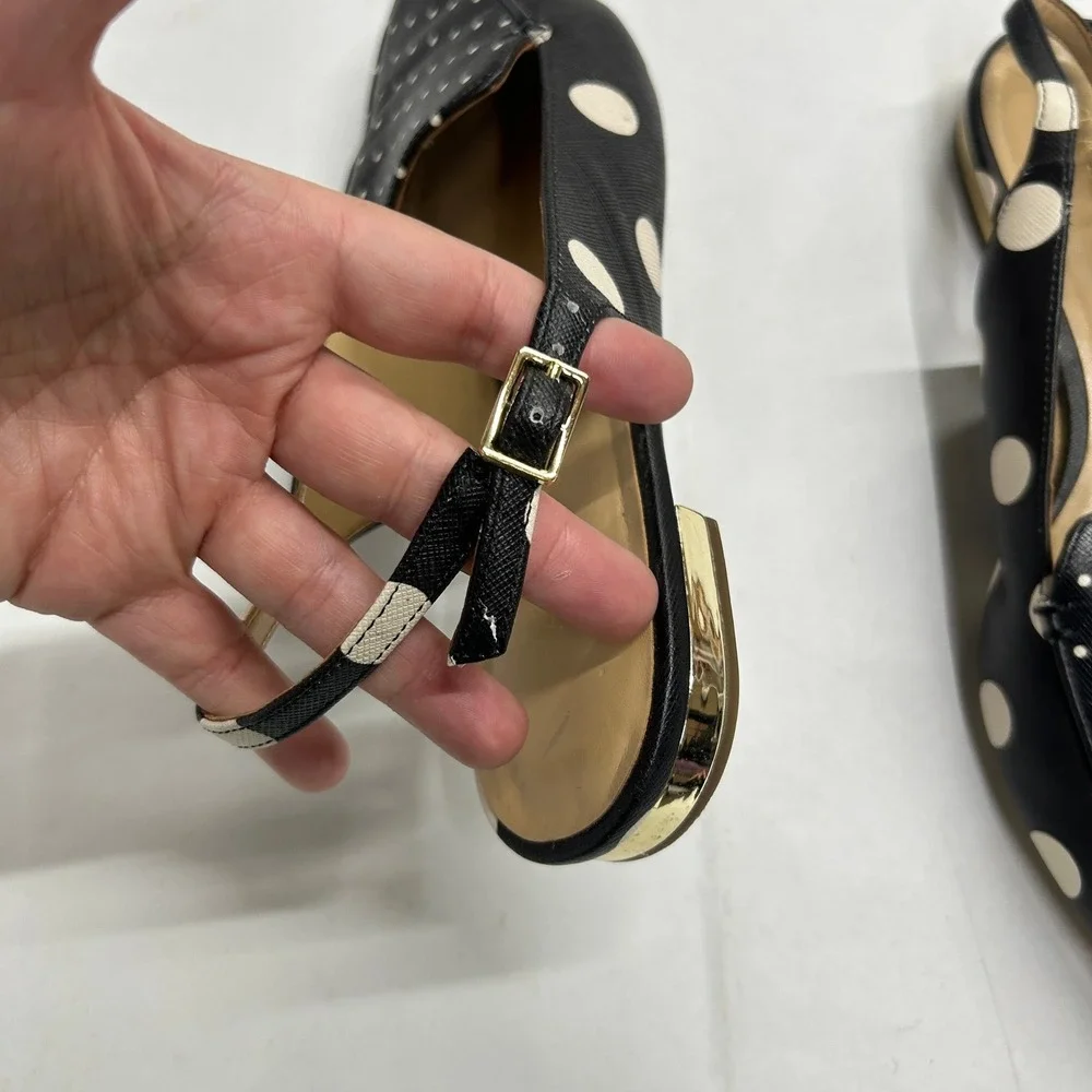 Talbots Polka Dot Pointed Toe Slingback Flats 8M Black White Gold Preppy Chic